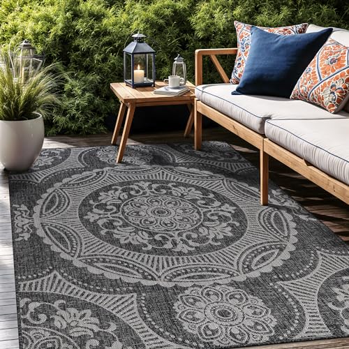 Medallion Outdoor Rug 8x10 Washable Outside Carpet for Indoor Patio Porch Waterproof Easy Cleaning Non Shedding Area Rugs Dark Gray 8 x 10