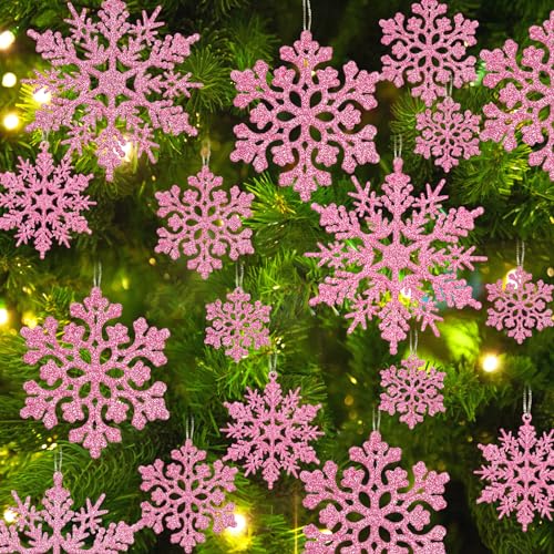 36pcs Christmas Light Pink Snowflake Ornaments Plastic Glitter Snow Flakes Ornaments for Winter Christmas Tree Decorations Size Varies Craft Snowflakes (36 Count)