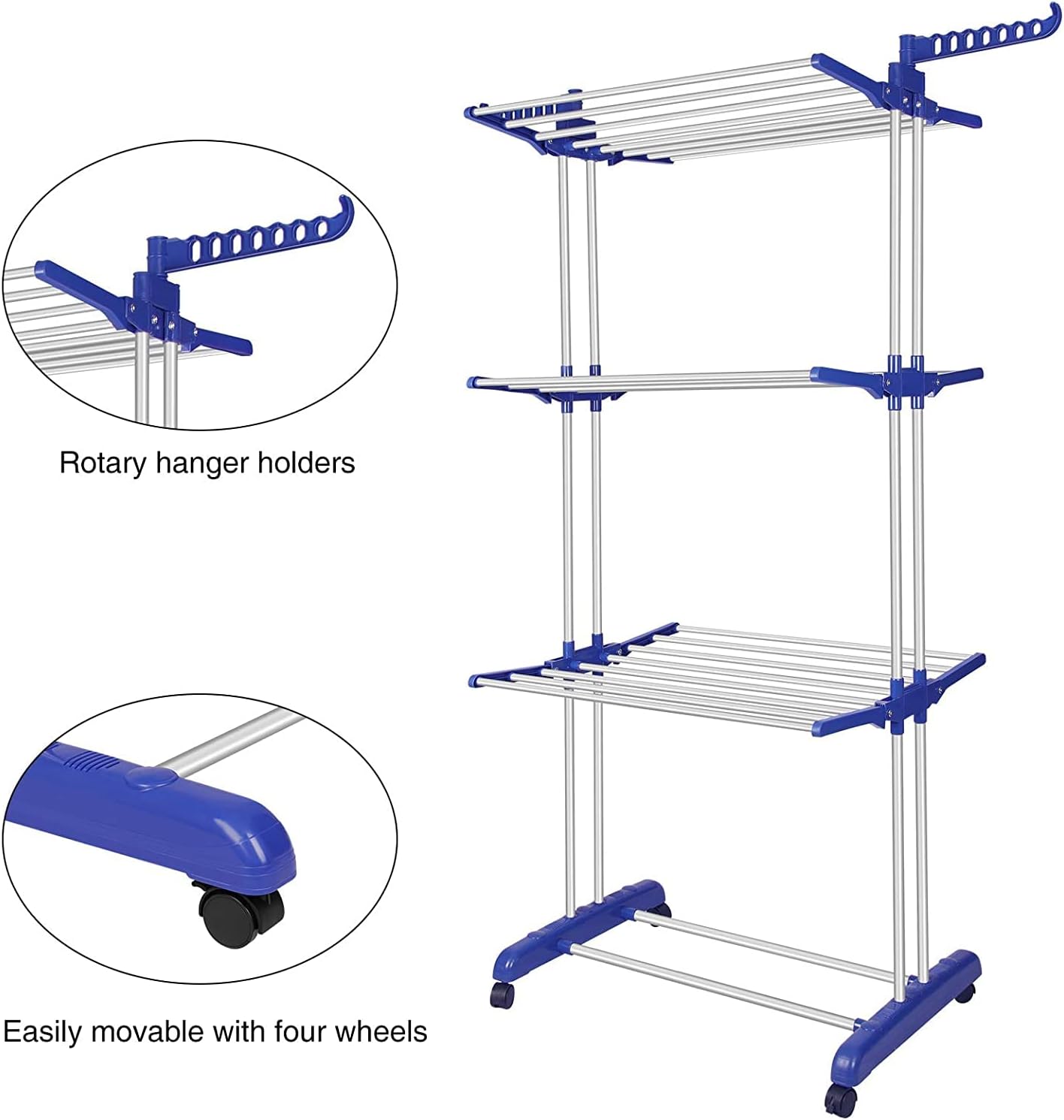 Bigzzia Clothes Drying Rack, Folding Stainless Steel Drying Rack Clothing Indoor Outdoor, Space-Saving, 4 Tier Laundry Drying Rack with Two Side Wings Grey Blue - NestledHome