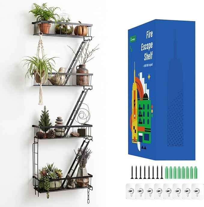 Fire Escape Wall Shelf 4 Tier - NYC Decorative Floating Shelf Black Metal Book Shelves for Home Office Apartment Organizer and Display