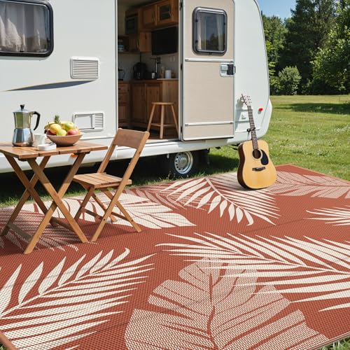 Outdoor Rug Waterproof Plastic Rugs 10'x14' for Camping Brick Red (140 Sq Ft)