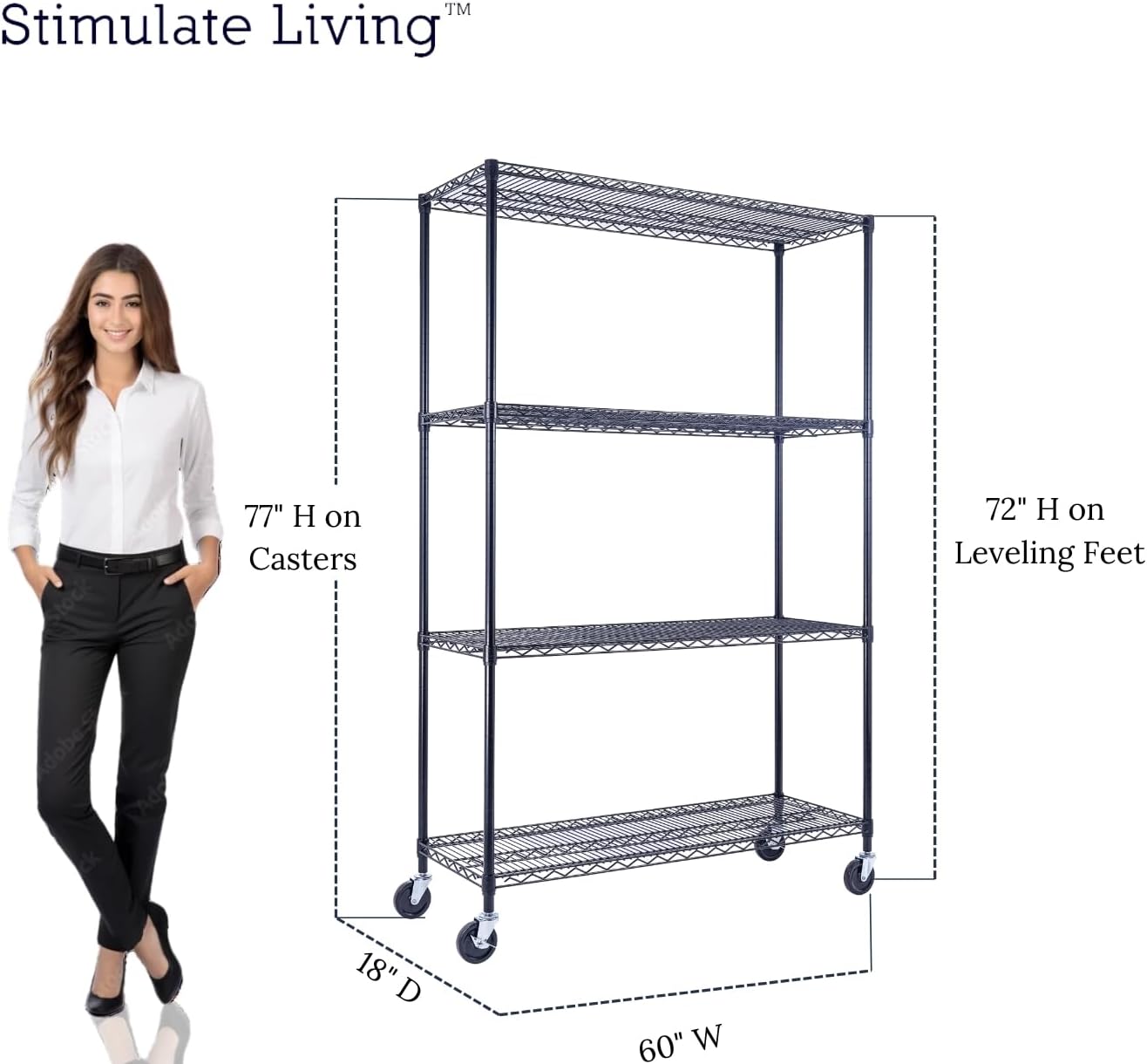 60"x18"x72" Prime Heavy Duty Black 4-Tier Wire Shelving NSF 3200 LBS MAX Capacity Storage Rack for Commercial, Hospital, School, Garage, and Kitchen Uses (with Wheels) - NestledHome