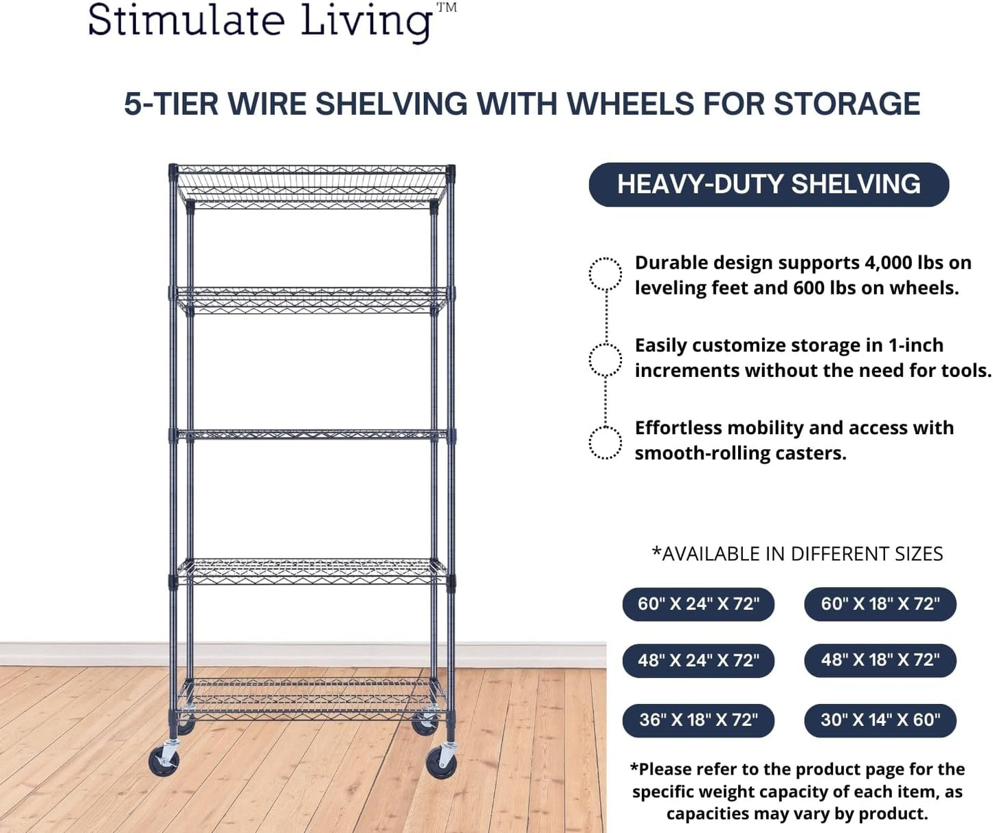 36"x18"x72" Prime Heavy Duty Black 5-Tier Wire Shelving NSF 4000 LBS MAX Capacity Storage Rack for Commercial, Hospital, School, Garage, and Kitchen Uses (with Wheels) - NestledHome
