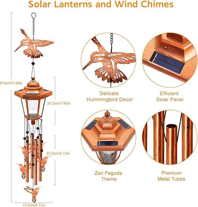 Hummingbird Solar Wind Chimes for Outside, Birthday Gifts for Mom Women Grandma Mother's Day Memorial, 34-Inch Windchimes with Wind Spinner, Outdoor Hanging Solar Lights Yard Garden Decor, 2 Pack