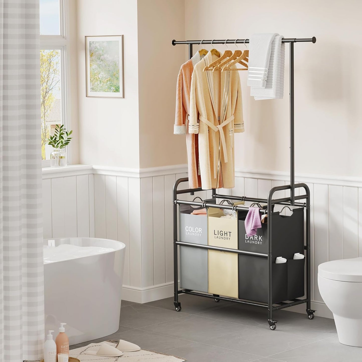 Tajsoon Laundry Sorter Cart with Hanging Clothes Rack, 3 Butler Sorter Basket Organizer, Laundry Hamper Cart with Heavy Duty Rolling Lockable Wheels, 3 Colors - NestledHome