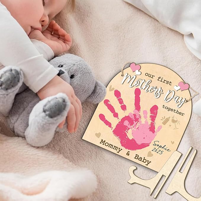DIY Custom Our First Mother's Day Together Mommy & Baby Handprint Signs, Baby First Mothers Day Gifts for Babies, Toddler And Mom Mother's Day Crafts Plaque, Memory Keepsake Baby Milestone Photo Props