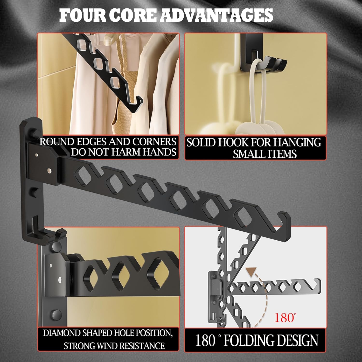 Wall Mount Coat Hanger Holder Black Clothes Drying Organizer Rack Garment Hooks Aluminium Retractable Folding Indoor Wall Mounted Hanger Space Saver for Laundry Room Bedroom Black 2 Pack with 8 Hooks - NestledHome