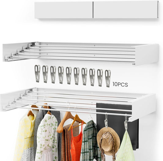 Foldable Wall-Mounted Drying Rack, Heavy-Duty 60 lb Capacity – Space-Saving Folding Laundry Hanger with 10 Clips, Rust-Proof Aluminium Clothes Dryer for Indoor & Outdoor Use - NestledHome