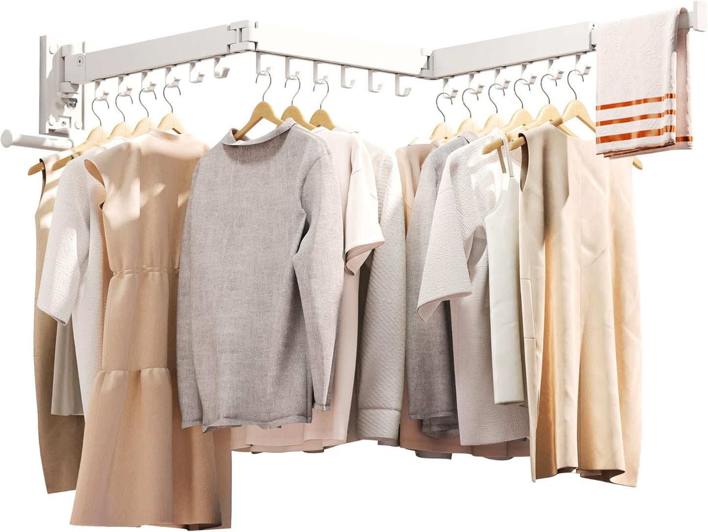 Clothes Drying Rack,Laundry Drying Rack Wall Mount, Wall Mounted Clothes Rack,Retractable,Collapsible(Tri-Fold),Drying Rack Clothing,can Fold Upward & Left & Right,Space Saver, White Color - NestledHome