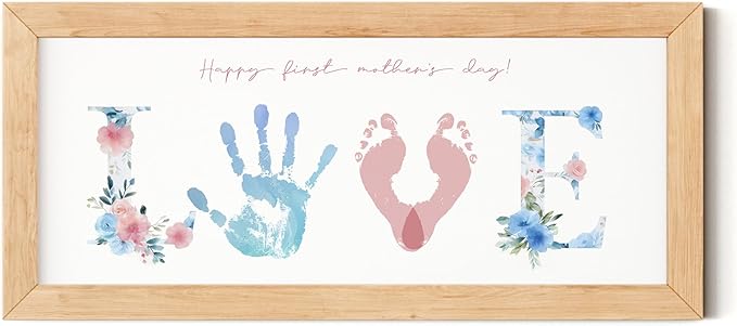 TwoDays First Mother's Day Handprint Gift from Baby - DIY LOVE Keepsake Hand & Footprint Craft Kit for Mom, Family Activity, Great Newborn Gift for Mother's Day (6" X 14", Wood Frame)