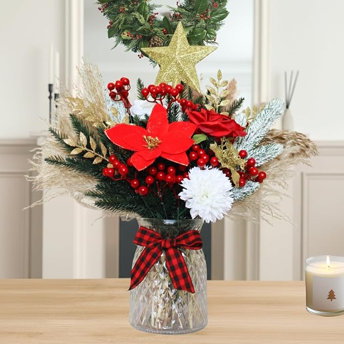RyddeligHome Christmas Centerpieces for Tables in July, Holiday Table Decor, 100pcs Christmas Floral Arrangements in Vase, Pottery Xmas Decorations, Artificial Poinsettia Red Berry Pine Branches