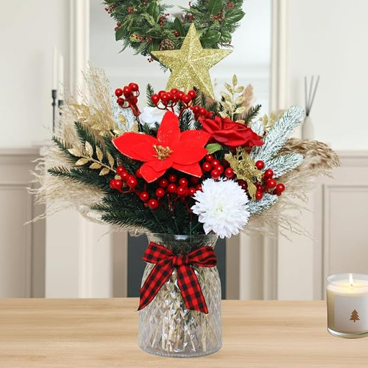 RyddeligHome Christmas Centerpieces for Tables in July, Holiday Table Decor, 100pcs Christmas Floral Arrangements in Vase, Pottery Xmas Decorations, Artificial Poinsettia Red Berry Pine Branches