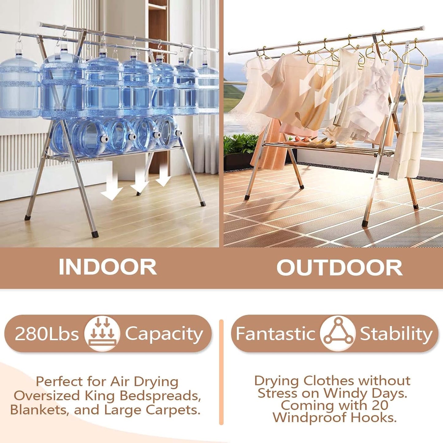 JAUREE Clothes Drying Rack 2 Tiers, Heavy Duty Drying Rack Clothing Folding Indoor Outdoor, Stainless Steel Laundry Drying Rack, Foldable Garment Rack with 20 Windproof Hooks (84 Inches) - NestledHome