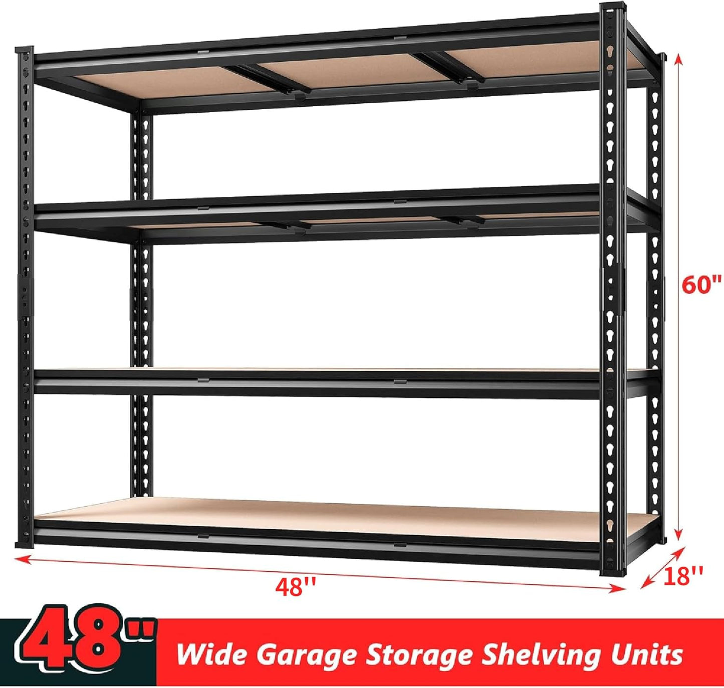 REIBII 48" W Garage Shelving Heavy Duty, 2000LBS Storage Shelves, 4 Tier Adjustable Metal Shelves for Garage Shelving Sturdy Industrial Shelf, Easy Assemble, 48" W x 60" H x 18" D - NestledHome