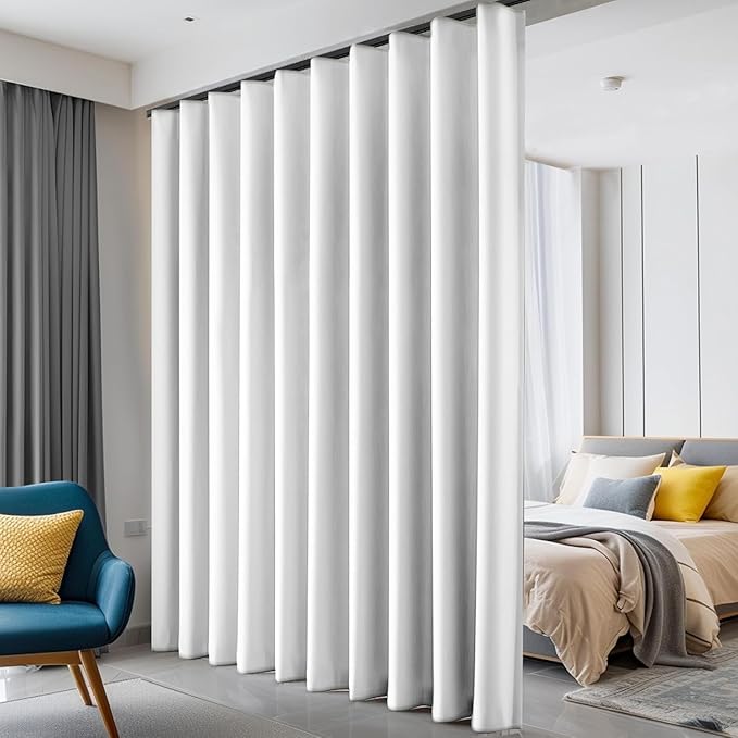 Room Divider Curtains Blackout Floor to Ceiling Curtain with Hook Wall Mount Sliding Door Curtains Ceiling Mount Extra Wide Curtain Wall Divider for Room Separation(Greyish White,W150xH84in)