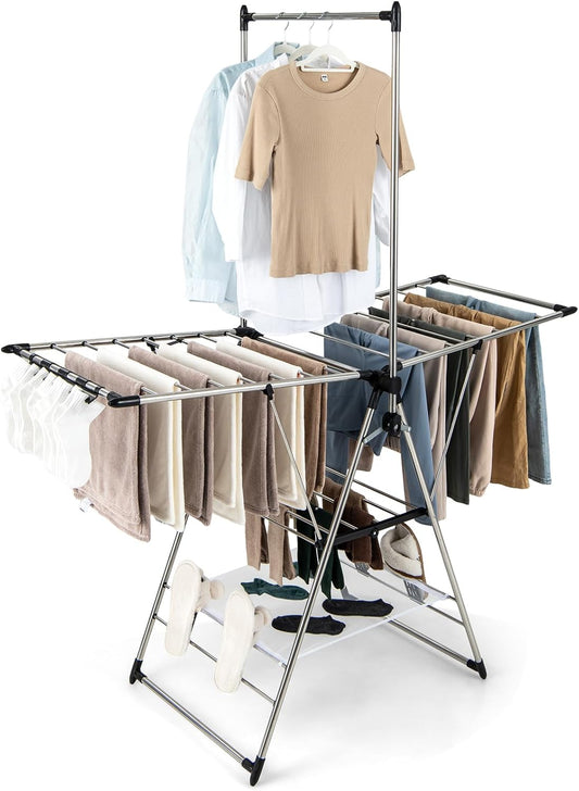 Giantex Clothes Drying Rack, Foldable Laundry Drying Rack with with 6-Level Adjustable Height, High Hanger Design, Side Clips, Space Saving Collapsible Laundry Drying Rack - NestledHome