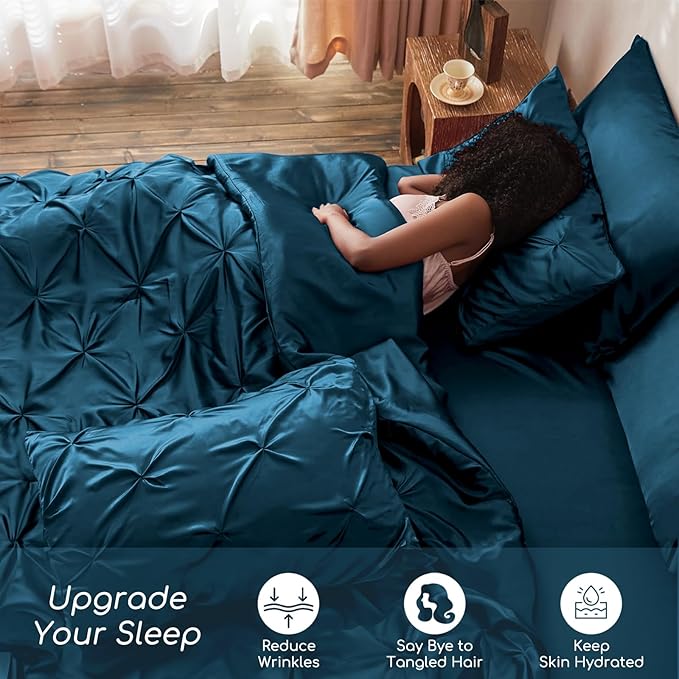 MR&HM Satin Comforter King 7 Pieces - Luxurious Pinch Pleat Bedding Set with Comforter, Flat Sheet, Fitted Sheet, Pillowcases & Shams, Super Silky Soft Bed Set for All Season (King, Teal)