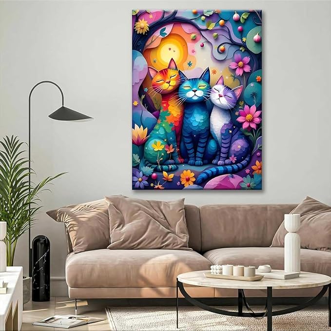 Paint by Numbers Kit for Adults Framed, Colorful Whimsical Cats in Flower Garden, DIY Oil Painting, Pre-Printed Canvas Wall Art Home Decor Gift, 16x20inch Framed, 24 Colors