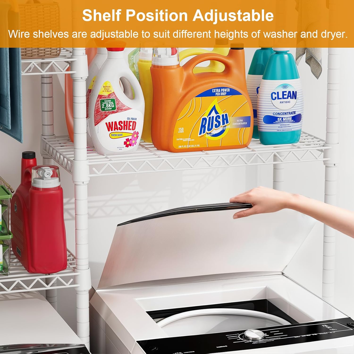 U14 Over Washer and Dryer Storage Shelves, 4 Tiers Laundry Room Storage and Organizer System, Space Saving Clothes Drying Rack with 2 Clothes Hanger Rods, 66.5" W x 20.5" D x 77.4" H, White - NestledHome