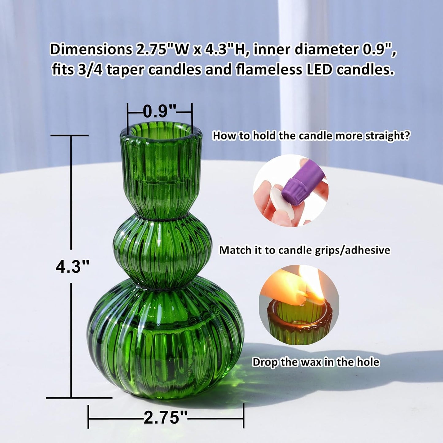 Woho Green Taper Candle Holders Set of 3 for Christmas Decorations, 4.3" H Ribbed Glass Candlestick Holders for Spring Wedding Table, Vintage Candle Sticks Holder Decor Home Decor