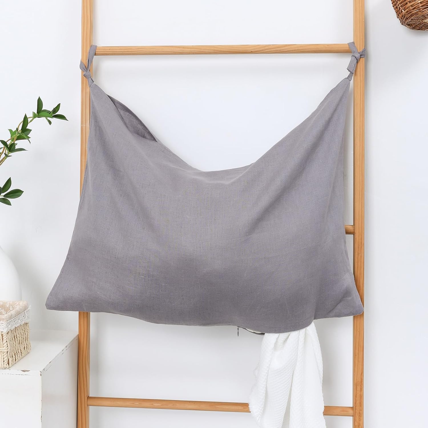 Hanging Linen Laundry Bag, 100% Pure Flax Linen Over The Door Hamper with Bottom Zipper for Laundry Room, Household Dirty Cloth Storage Organizer Bag, Gray - NestledHome