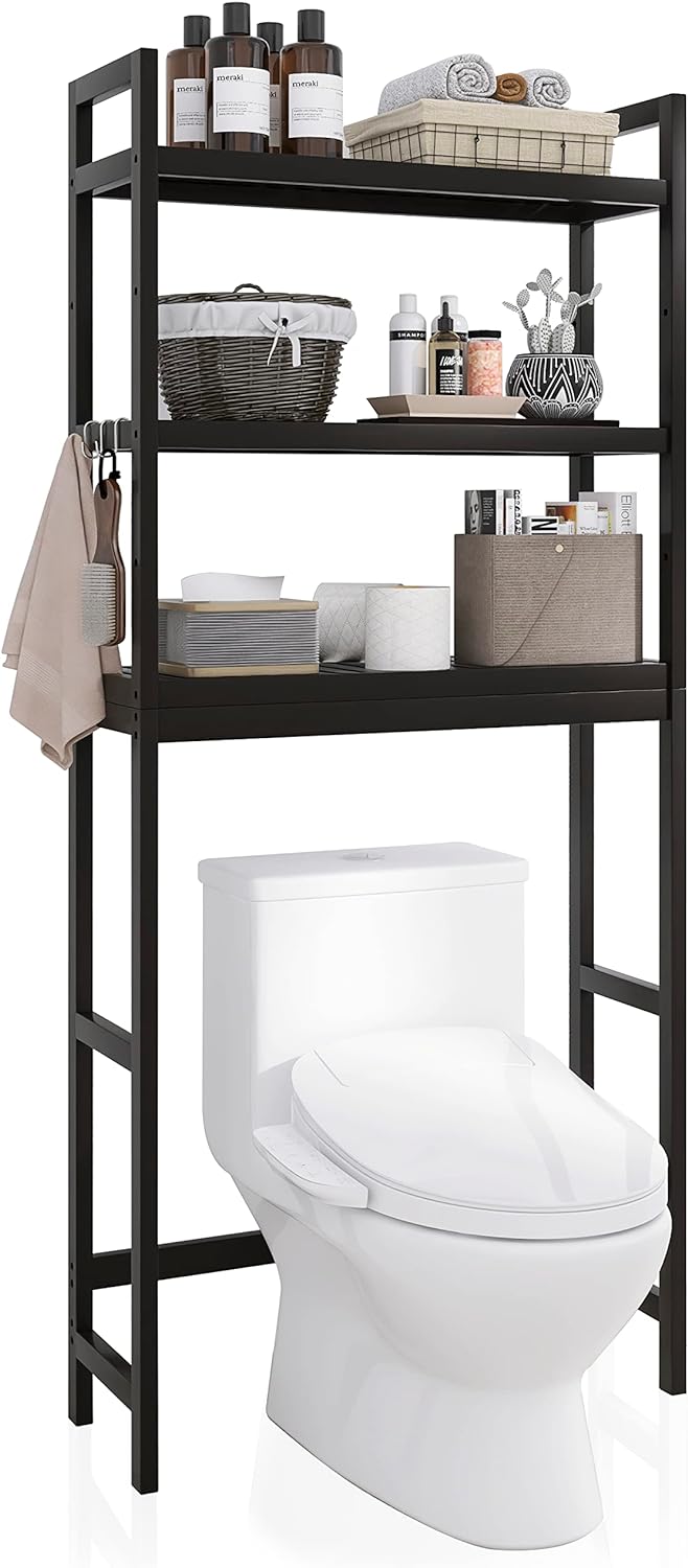 SMIBUY Bathroom Storage Shelf, Bamboo Over-The-Toilet Organizer Rack, Freestanding Toilet Space Saver with 3-Tier Adjustable Shelves (Black) - NestledHome
