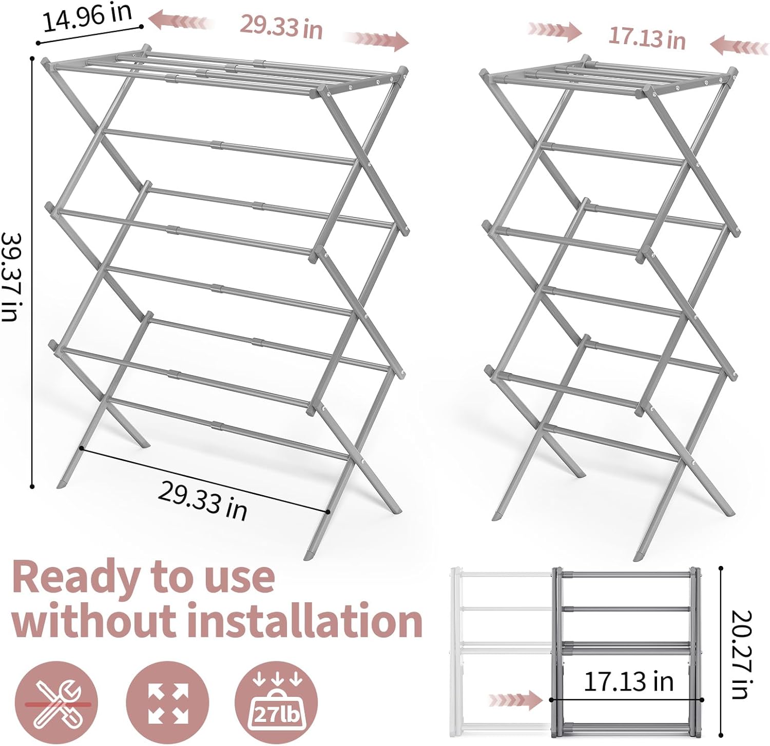 APEXCHASER Clothes Drying Rack, 3-Tier Laundry Drying Rack for Clothes, Expandable Metal Clothing Dryer, Collapsible Towel Rack, Air Drying Rack, Grey - NestledHome