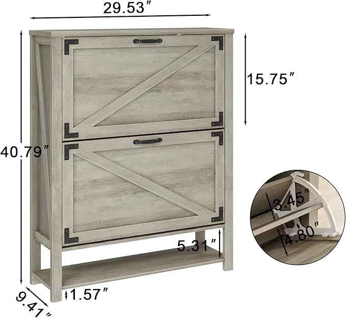 Vabches Shoe Storage Cabinet, Farmhouse Freestanding Organizer with 2 Flip Drawers, Wooden Hidden Narrow Slim Shoe Rack Cabinet for Entryway, Hallway, Foyer, Grey