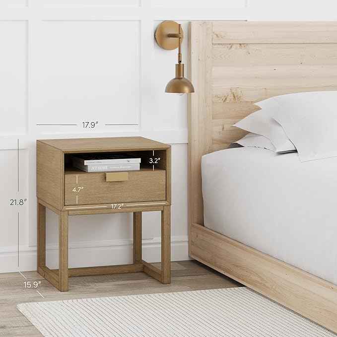 Nathan James Harper Modern Nightstand Side Accent or End Table with Storage Drawer, Set of 2, Light Brown