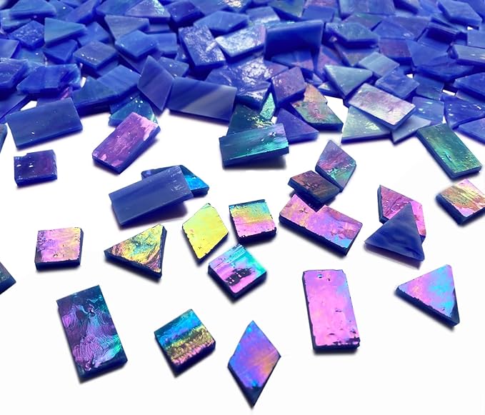 Magic Iridescent Blue Stained Glass Mosaic Tiles, 280 Pieces Mixed 4 Shapes Mosaic Glass Pieces for Crafts and Mosaic Making Projects