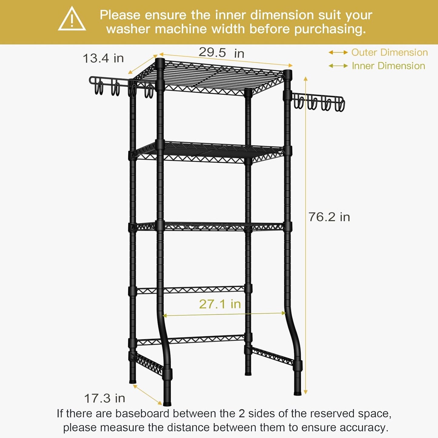 Ulif U8 Mini Laundry Room Storage Organizer, Over the Washer and Dryer Storage Shelves for Laundry Organization, 29.5”W x 17.3”D x 76.2”H, Suit Washing Machine Width within 27.1”, Hold 304 lb, Black - NestledHome