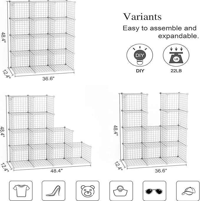 C&AHOME Wire Cube Storage, 12-Cube Storage Organizer Metal, C Grids Storage Bins Shelving, Modular Bookshelf Shelf, Closet Cabinet Ideal for Bedroom, Office 36.6”L x 12.4”W 48.4”H White