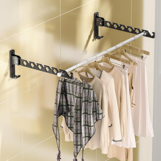 Dr.DJ Wall Mount Coat Hanger Holder Black Clothes Drying Organizer Rack Garment Hooks Aluminium Retractable Folding Indoor Wall Mounted Hanger for Laundry Room Bedroom Black 2Pack with 80cm Rod - NestledHome