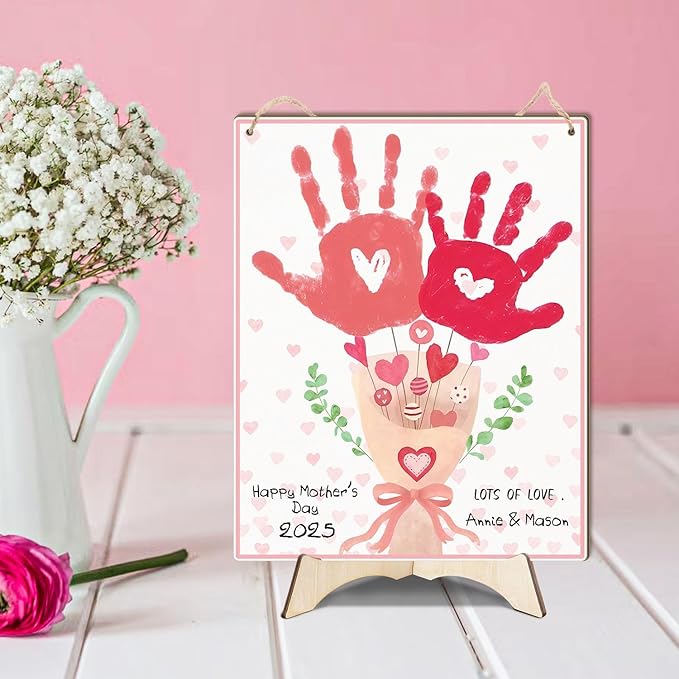 Pink Floral Bouquet DIY Baby's First Mothers Day Handprint Making Sign, Mother's Day Handprint Hanging, Mothers Day Birthday Gift from Kids Toddler Baby Gift for Mom Grandma, Children Toddler Keepsake