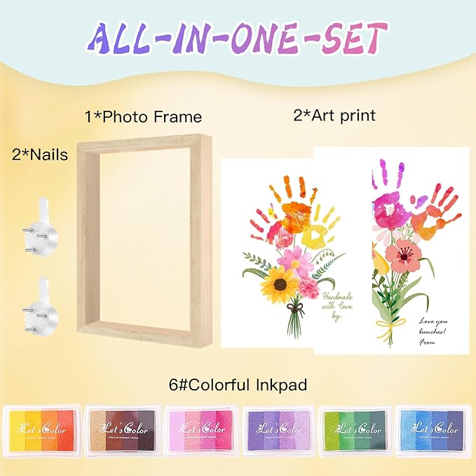 Physkoa Mom & Grandma Keepsake Gift — Handprint Flower Craft with Wood Frame — Great Grandma Gift for Birthday or Xmas— 2 Art Styles + Washable Ink Pads