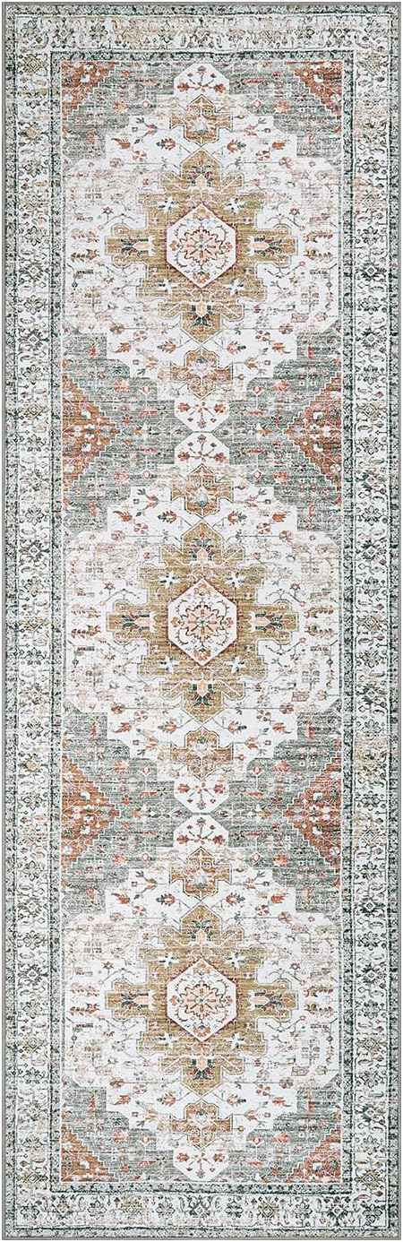 Moynesa Ultra-Thin Washable Runner - 2'6" x 8' Hallway Rug, Kitchen & Bathroom Carpet, Vintage Printed Low Pile Entryway Runner for Apartment, Camper, RV, Beige/Gold