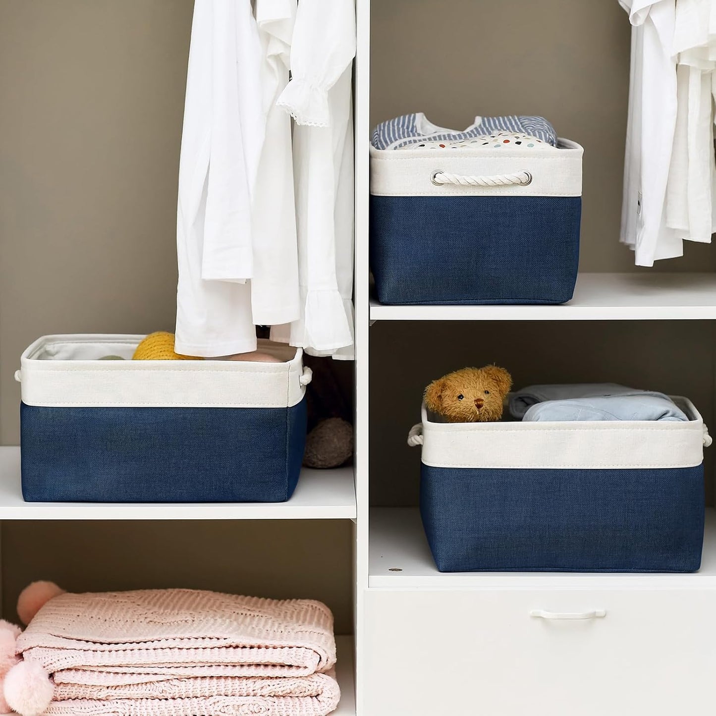 TcaFmac Organization and Storage Basket for Gifts Empty - 16x12x8 inch Large 4 Pack Collapsible Storage Box for Organizing, Fabric Storage Cubes for Cloth Toy Books Shelves(White & Jean Blue)