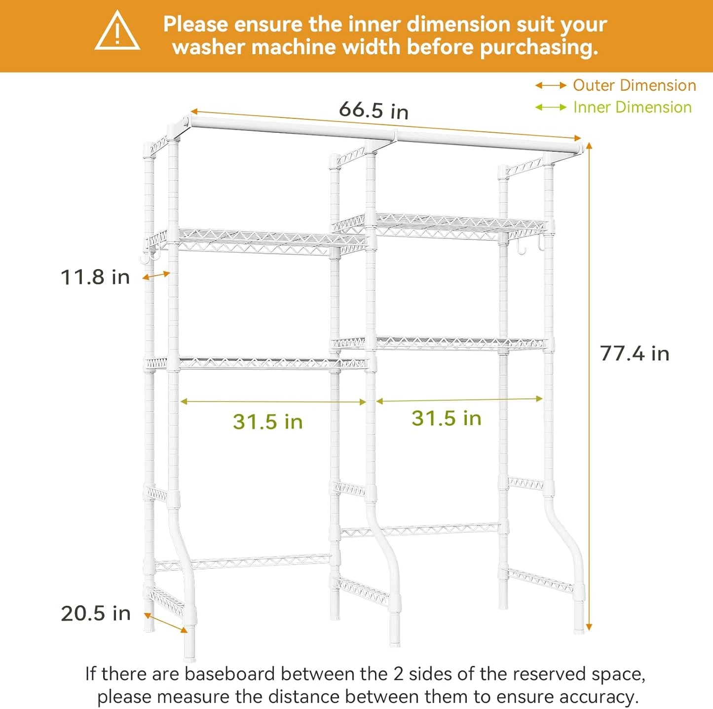 U14 Over Washer and Dryer Storage Shelves, 4 Tiers Laundry Room Storage and Organizer System, Space Saving Clothes Drying Rack with 2 Clothes Hanger Rods, 66.5" W x 20.5" D x 77.4" H, White - NestledHome