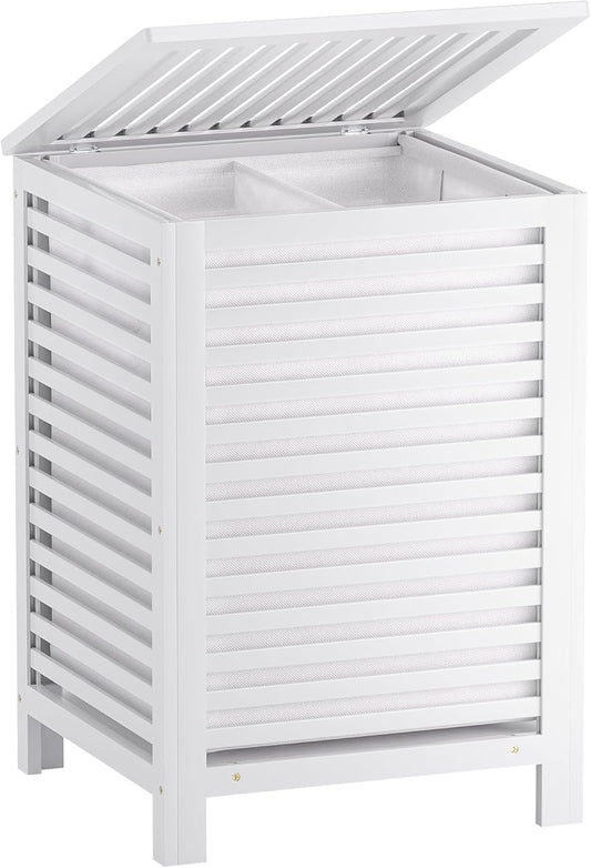 SMIBUY Double Laundry Hamper with Lid, 120L Bamboo Laundry Basket with Removable Liner Bag, 2-Section Clothes Divider Laundry Sorter for Laundry Room, Bathroom, Bedroom (White) - NestledHome