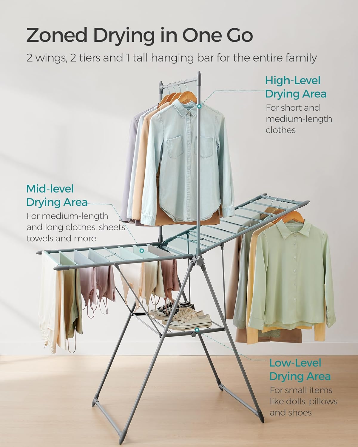 SONGMICS Clothes Drying Rack, Foldable 2-Level Laundry Drying Rack, Free-Standing Airer, 1 Additional Tall Hanging Bar, 2 Height-Adjustable Wings, 24 Drying Rails, Space Savng, Gray ULLR521G01 - NestledHome