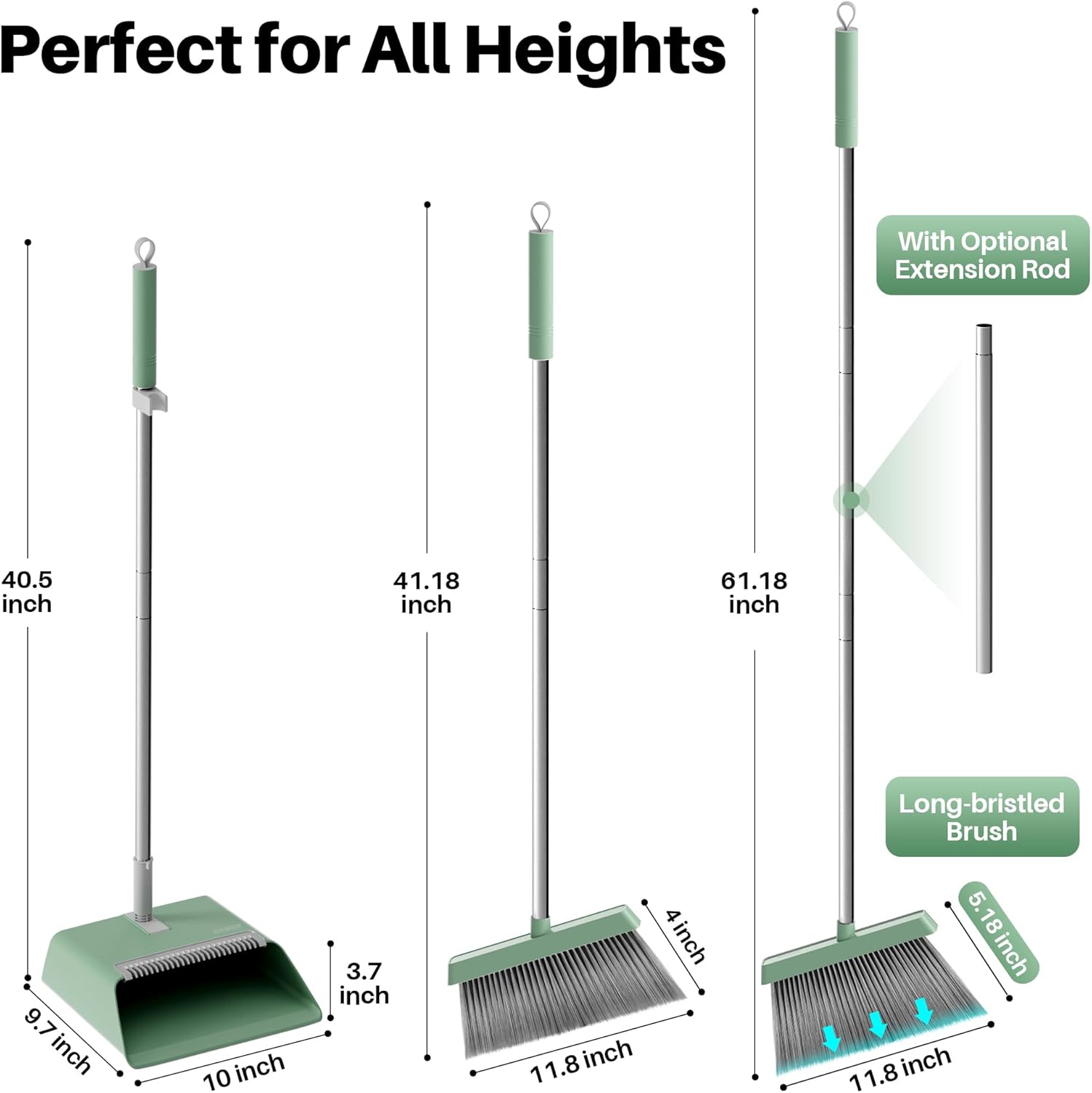 JOYMOOP Dark Teal Green Broom and Dustpan Set with 56” Handle, Upright Angle with Comb Teeth for Pet Hair and Hardwood Floors - NestledHome