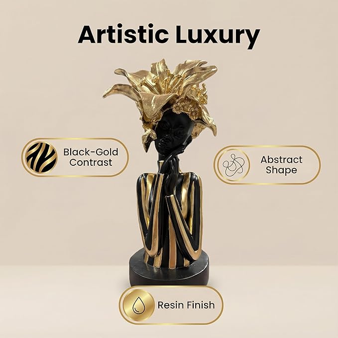 African Woman Art Sculpture with Gold Floral Crown, Exquisite African Statue, Emotional Modern Home Art Gift for Various Settings Such as Home, Bookshelves, desks, or Offices(7.68 inch
