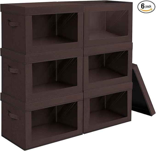 Brown Fabric Storage Bins with Lids - 6 Pack Modern Lidded-Home Storage Bins, 14 Inch. - Perfect for Clothes, Books, CD, Office Supplies