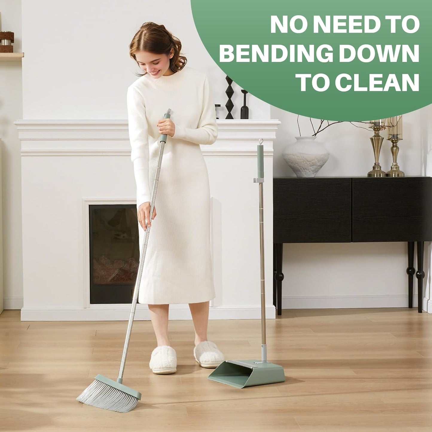 JOYMOOP Dark Teal Green Broom and Dustpan Set with 56” Handle, Upright Angle with Comb Teeth for Pet Hair and Hardwood Floors - NestledHome