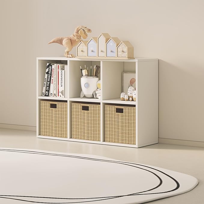 Wood Cube Storage Organizer Closet Cabinet for Living Room Bedroom Study Shelf Bookcase Wooden Floor Standing Open Bookshelf for Kids Home Office Display Storage Cabinet (White, 6-Cube, 11.81in)