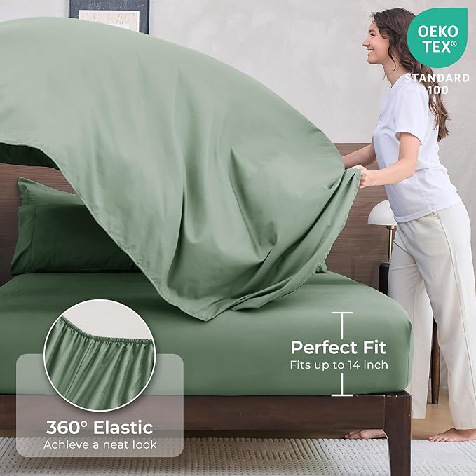HEVUMYI Sage Green California King Comforter Set - 7-Piece All Season Bed in a Bag Cal King, Ultra Soft Bedding Set with Comforter, Flat Sheet, Fitted Sheet, Pillowcases, Pillow Shams