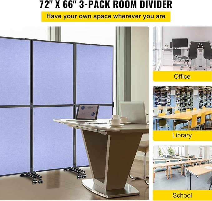 VEVOR Sound Barrier Quiet Wall 72" x 66",Partition Room Dividers 3 Panels, Portable Office Walls Dividers, Classroom Dividers, Acoustic Room Divider (Steel Blue) for Office, Library, School, etc