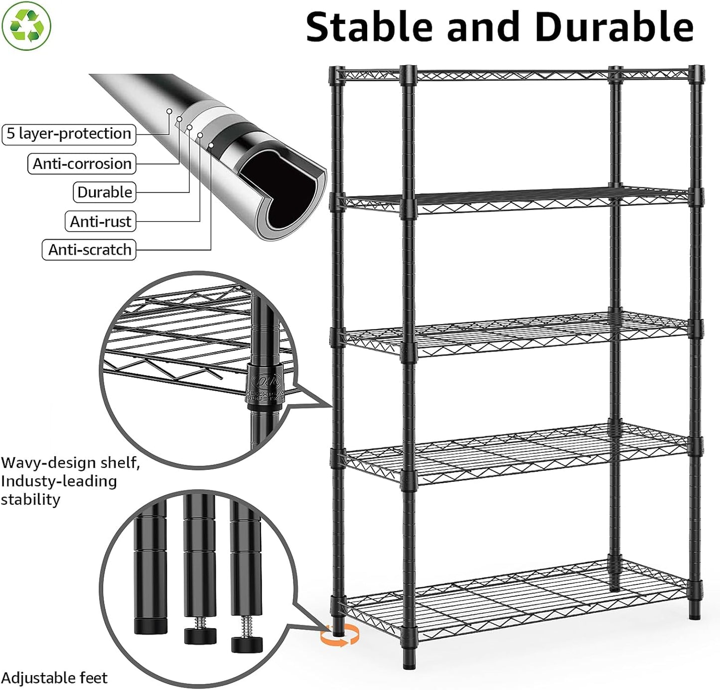 1250 lbs Storage Shelving Utility Shelving Unit 5-Tier Utility Shelving Unit Steel Organizer Wire Rack for Home,Kitchen,Office (13.7" D x 23.6" W x 62.4" H) - NestledHome
