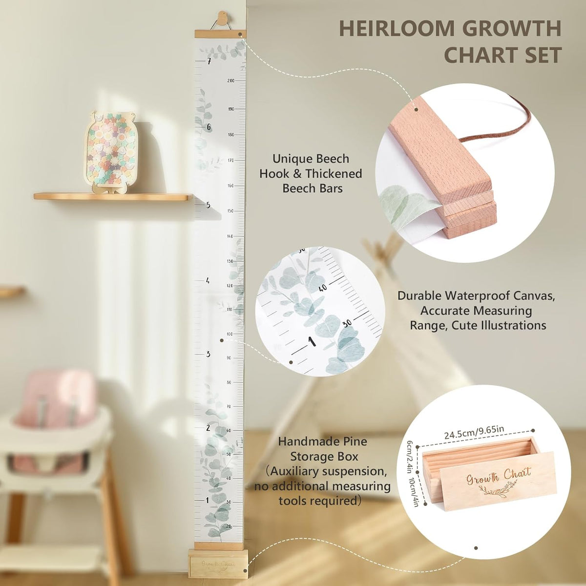 Growth Chart for Wall 7 Ft Height Chart with Keepsake Box & Hook Waterproof Canvas Measure Wall Ruler Removable Neutral Nursery Wall Decor for Baby Kids Toddlers - NestledHome