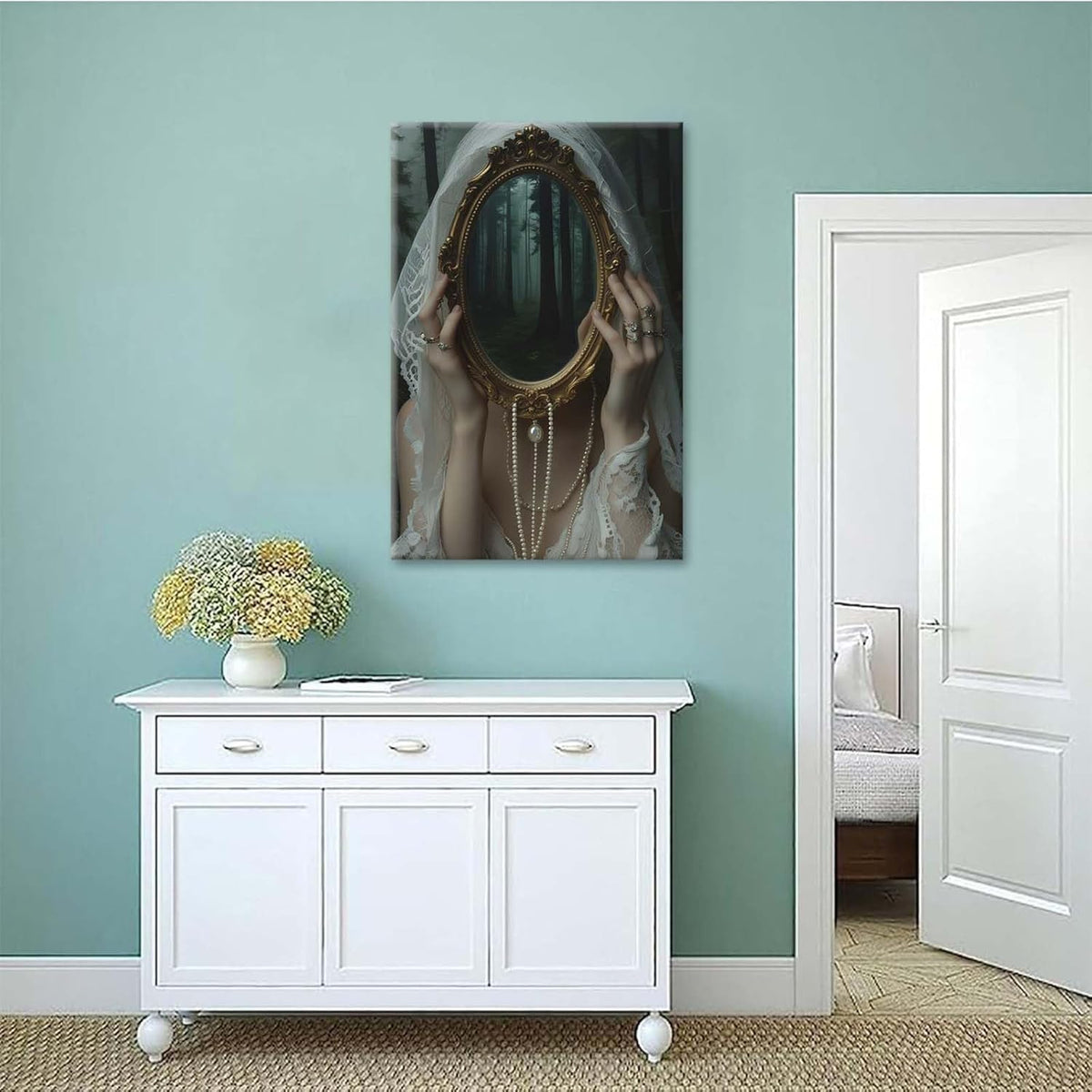Mirror face covering dark art poster print melancholy gothic painting vintage feminine print victorian style decoration antique art20x30in Wood Framed